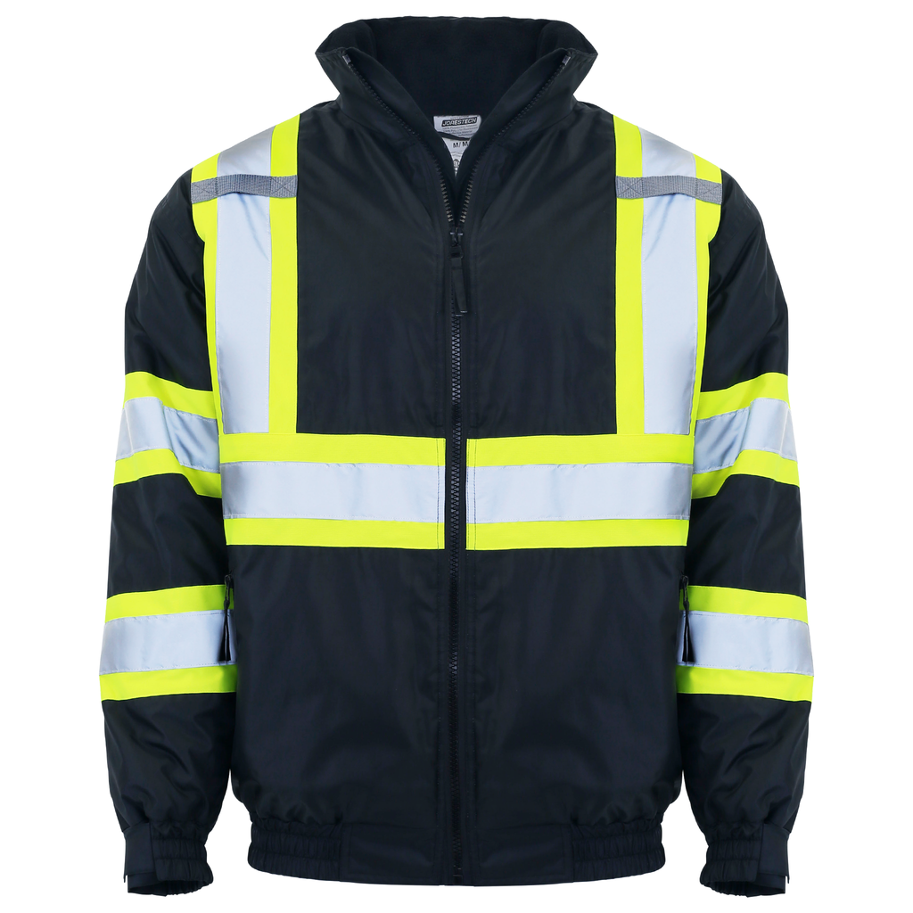 Front view the black JORESTECH Hi-vis two tone safety bomber jacket with lime reflective stripes and a reflective X on the back