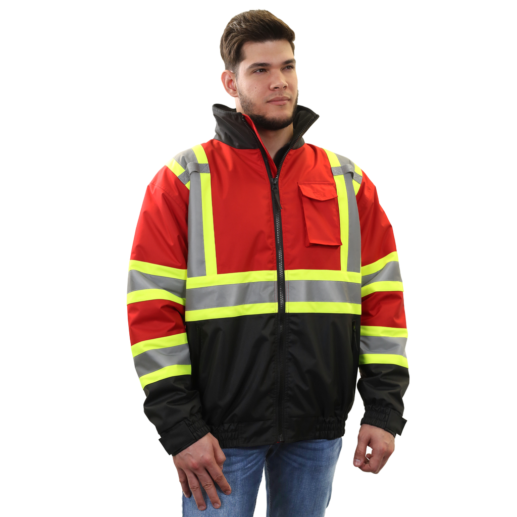 Man wearing the hi-vis two tone red and black safety bomber jacket with reflective strips and an X on the back