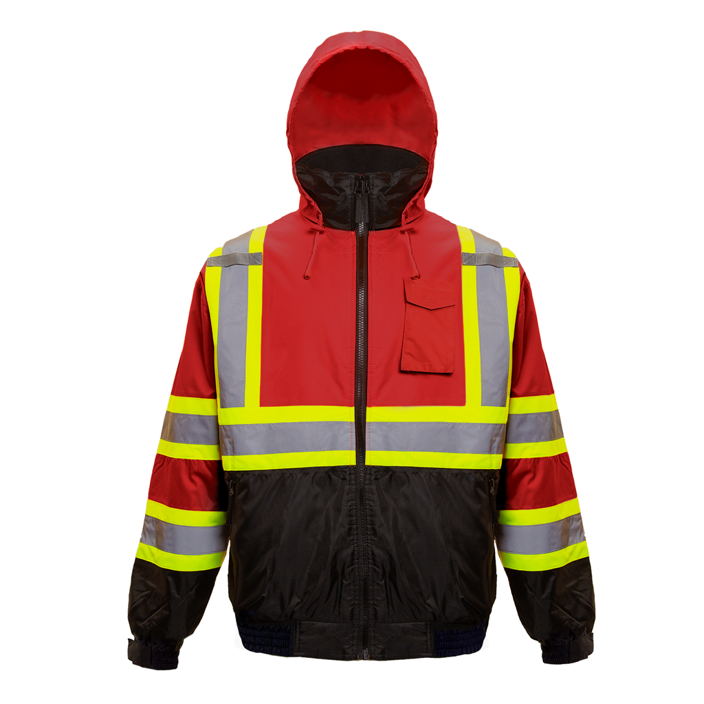 ANSI and CSA compliant red and black JORESTECH high visibility safety bomber jacket with reflective stripes and hoodie