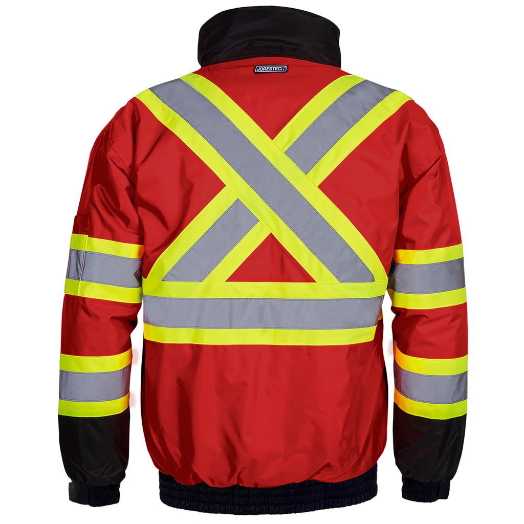 Back view of the JORESTECH Hi-vis two tone red and black safety bomber jacket with reflective stripes and X on the back