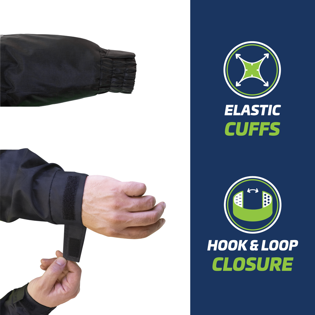 Close up of the adjustable cuffs and hook and loop closure of the JORESTECH bomber waterproof safety jacket with reflective strip  