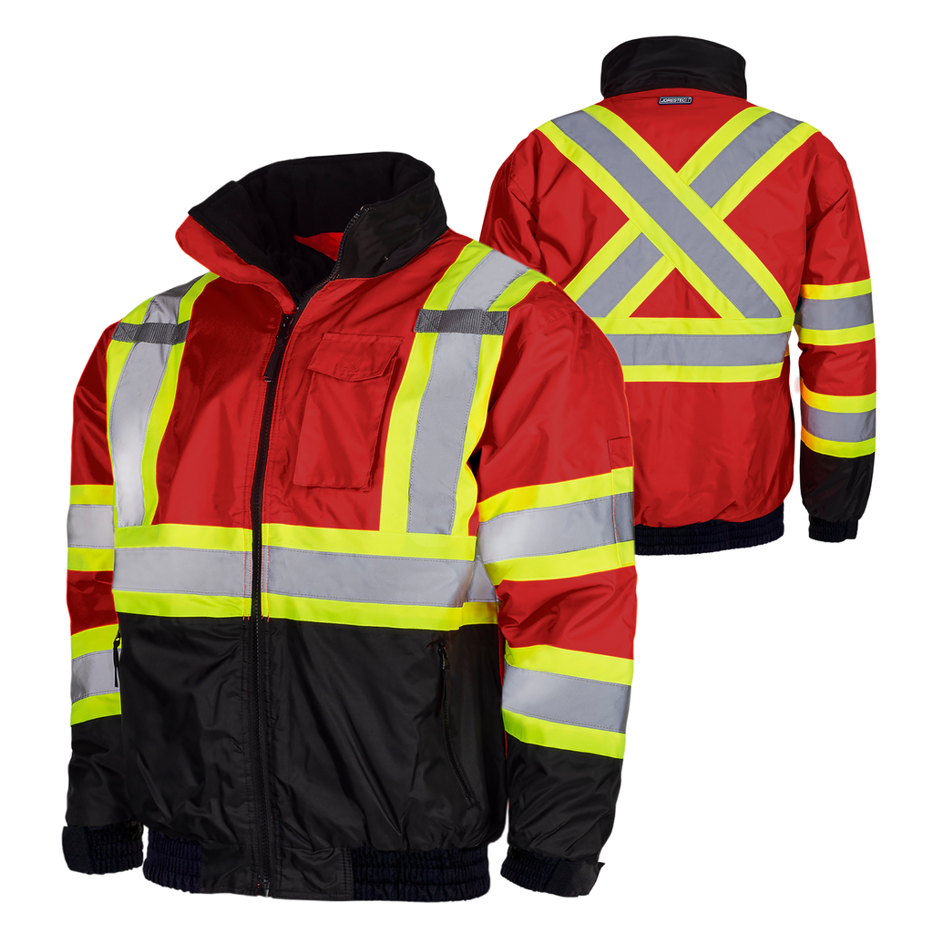 Front view and back view of the JORESTECH red ANSI complaint safety jacket with reflective stripes and reflective X on the back