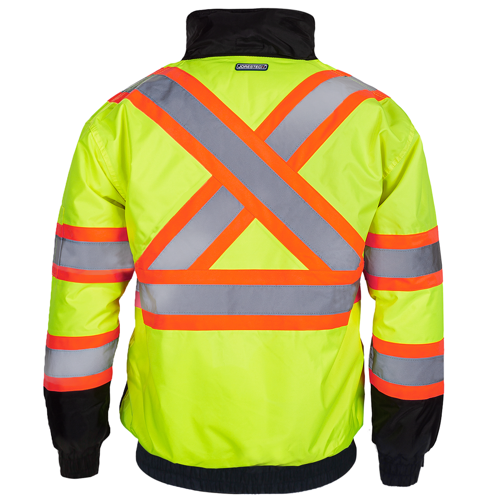 High-vis two tone safety bomber winter jacket with reflective stripes and X on the back