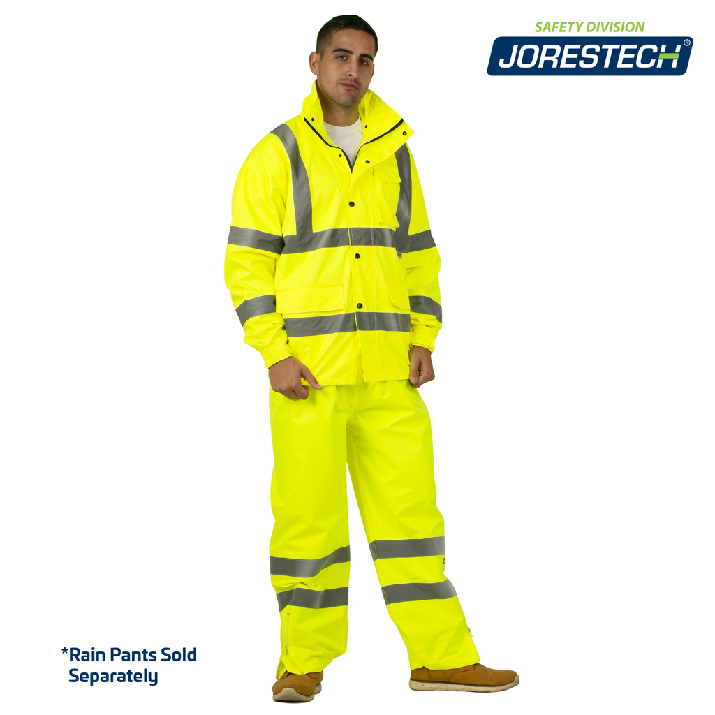 Man wearing the high visibility yellow rain jacket with reflective strips and pants. Small text reads "rain pants sold separately"