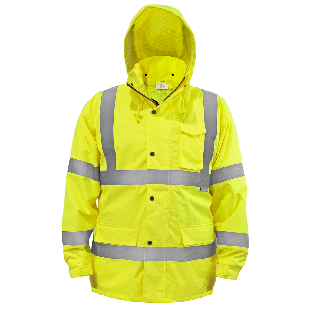 Front view of a JORESTECH all high visibility yellow rain jacket with 2 inches reflective strips