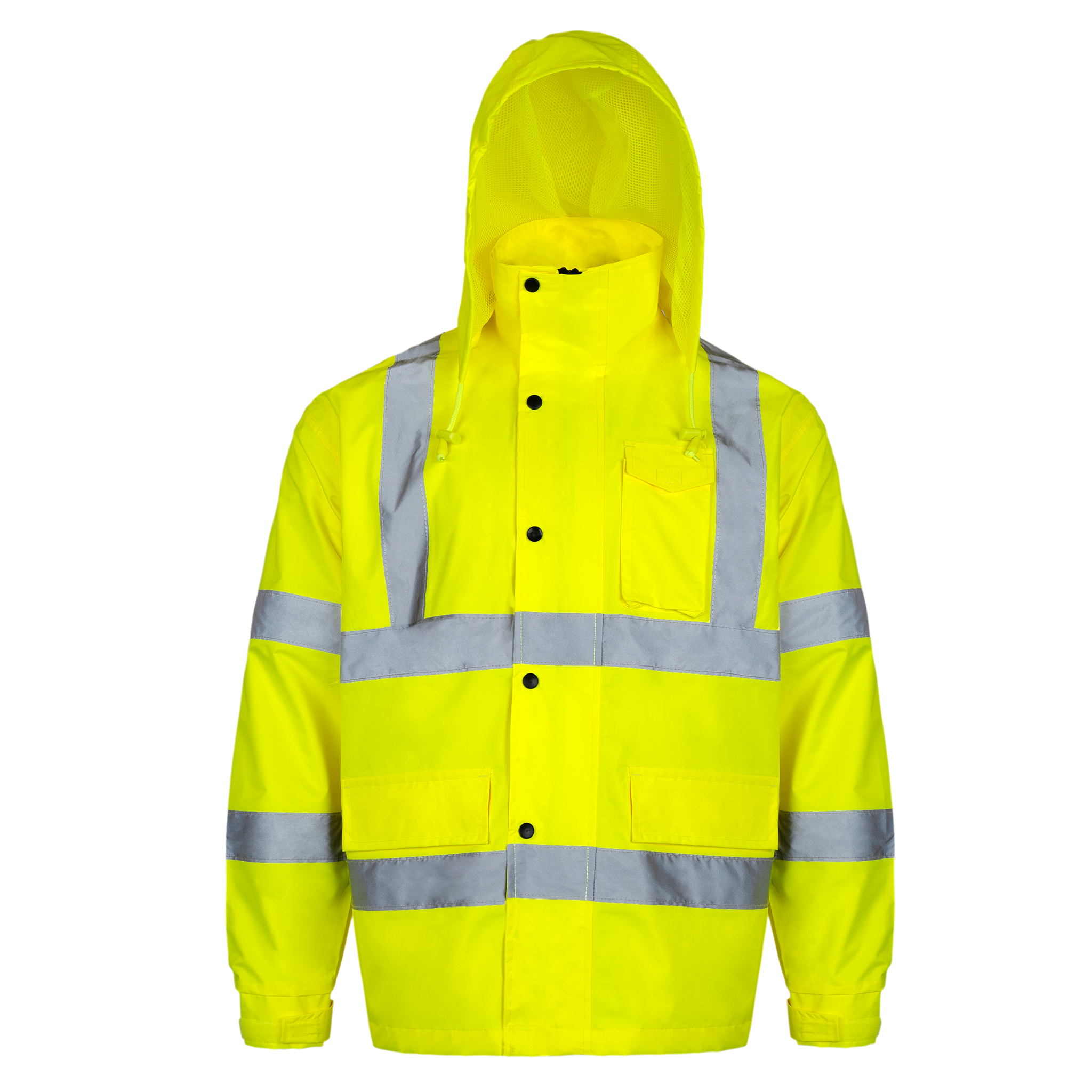 Hi Vis Safety Rain Jacket with Hideaway Hood | ANSI Class 3