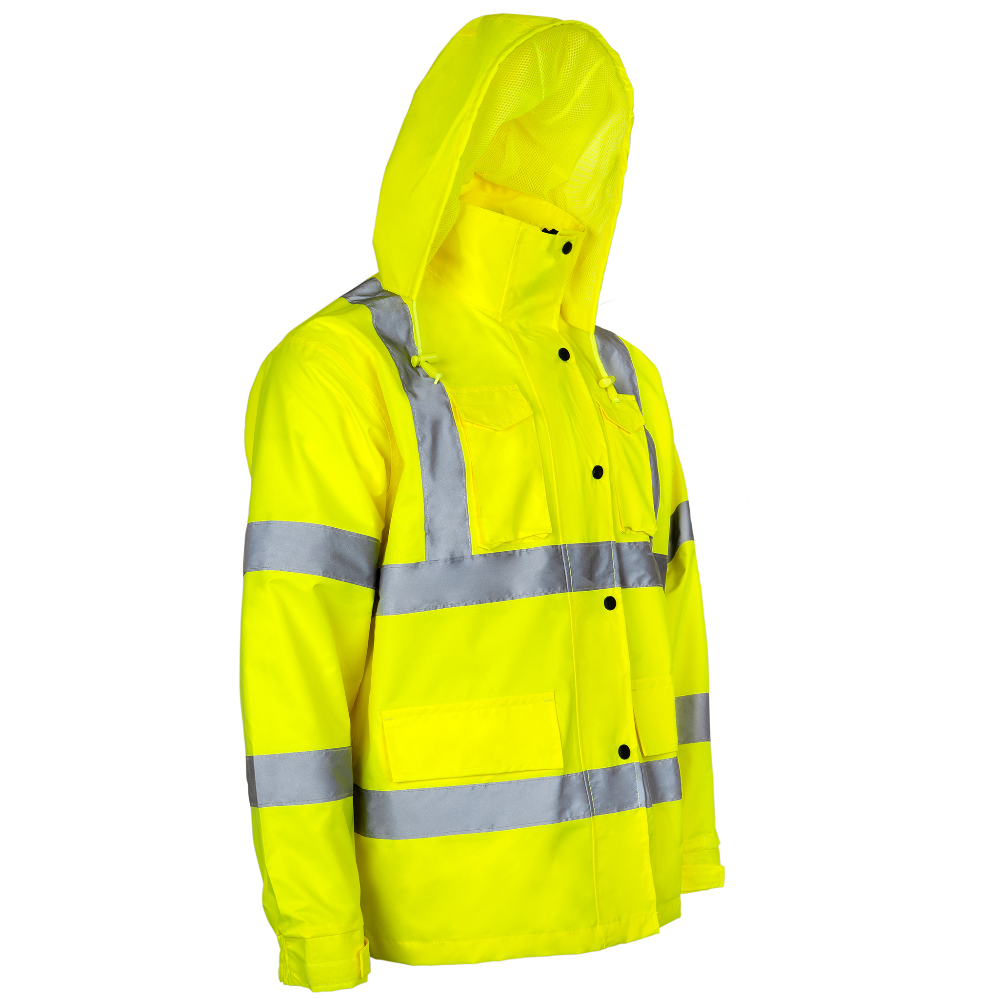Hi Vis Safety Rain Jacket with Hideaway Hood | ANSI Class 3