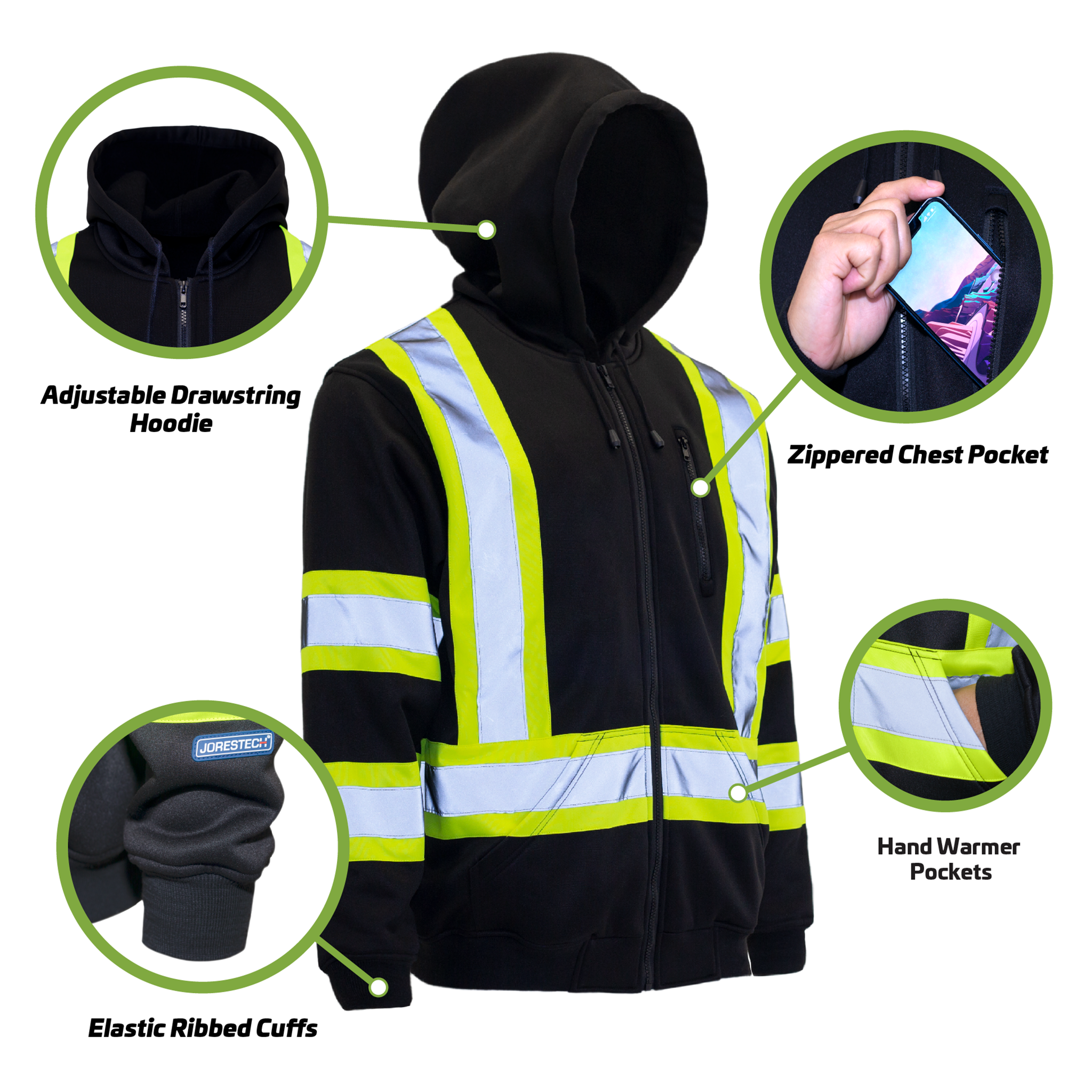 SUXIBIP High Visibility Safety Hoodie - ANSI Class 3 Reflective Fleece Pullover With Pockets For Men (Yellow, Orange, Black)