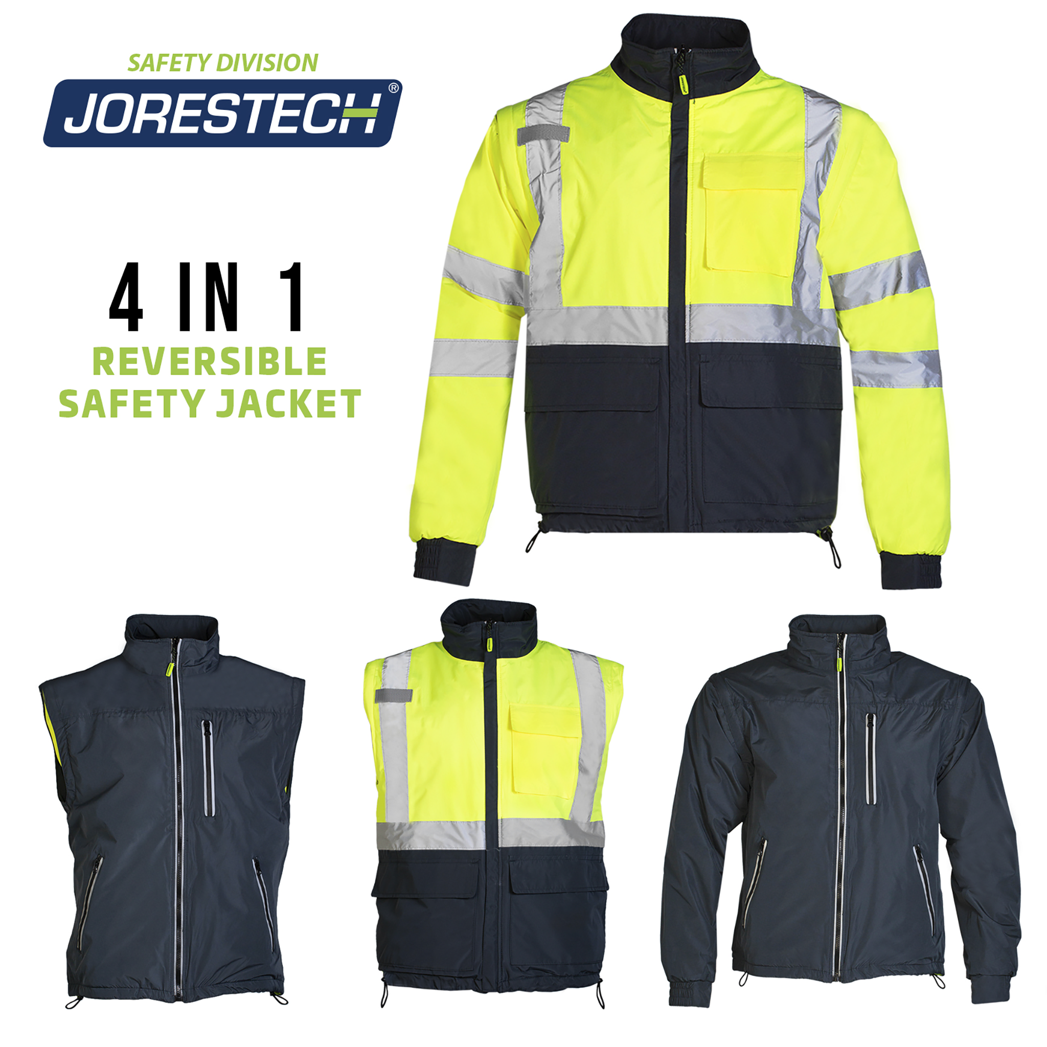 4-in-1 Reversible Safety Jacket & Vest with ANSI Reflective Strips 4-in-1 Reversible Safety Jacket & Vest with ANSI Reflective Strips