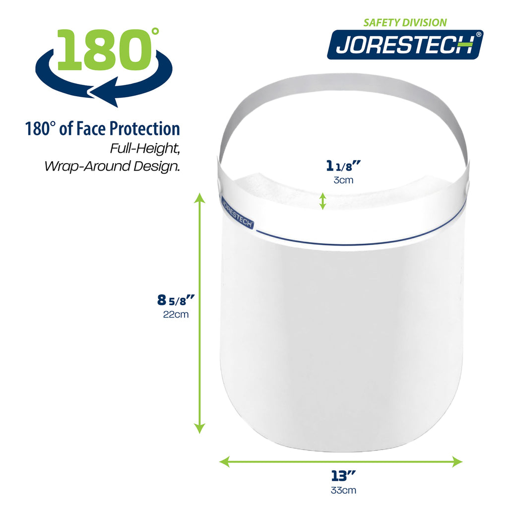 Diagram with the measurements of the JORESTECH Face shield. Text describes:   Width 13", height 8 5/8" and width of the foam that holds the face shield placed against the forehead 1 1/8". Text reads: 180 degrees of face protection. Full height wrap-around design. 