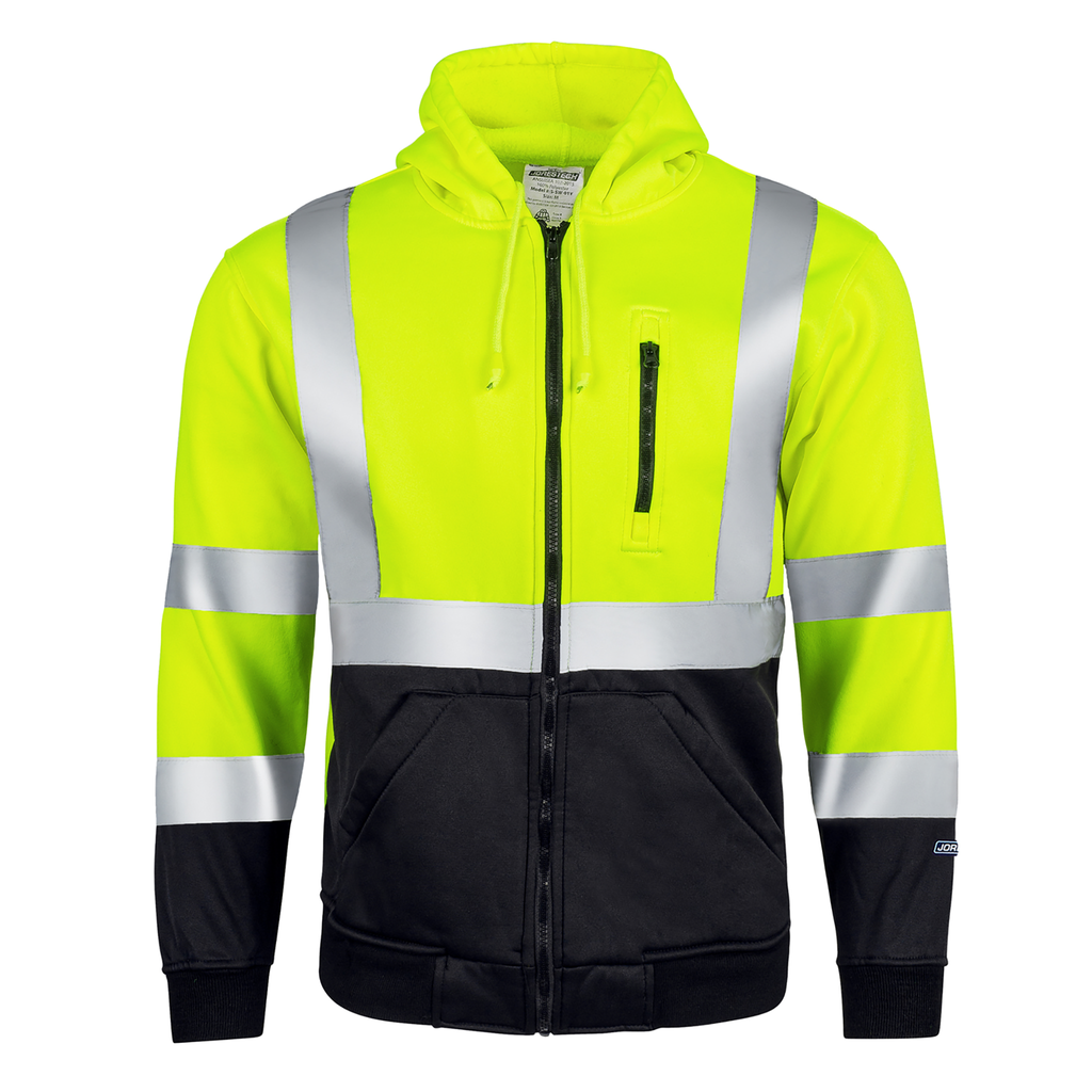 Front view of the JORESTECH hi-vis safety hooded yellow and black sweatshirt with reflective stripes over white background