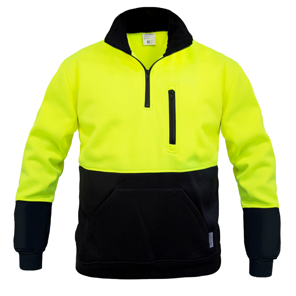 Front image of the hi-vis Yellow black JORESTECH sweatshirt over white background. Sweater has a black stand up collar, half a zipper and a pocket chest that closes with a back zipper.