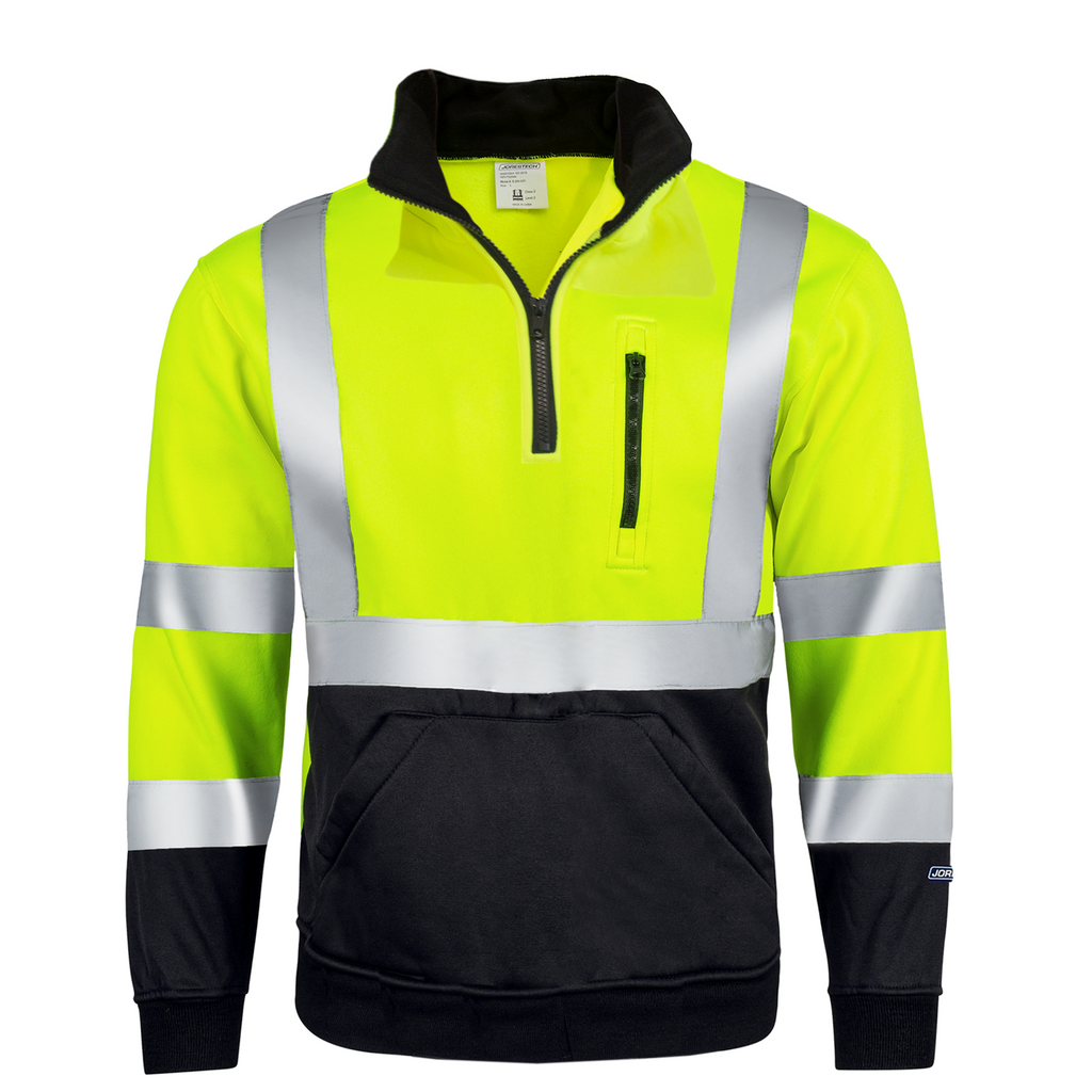 Front view of the yellow JORESTECH hi-vis safety sweater with 2" reflective stripes. This sweater has half a zipper, stand up collar with back fleece inner layer, a zippered chest pocket and a large waist pocket for both hands. Image is positioned over white background.