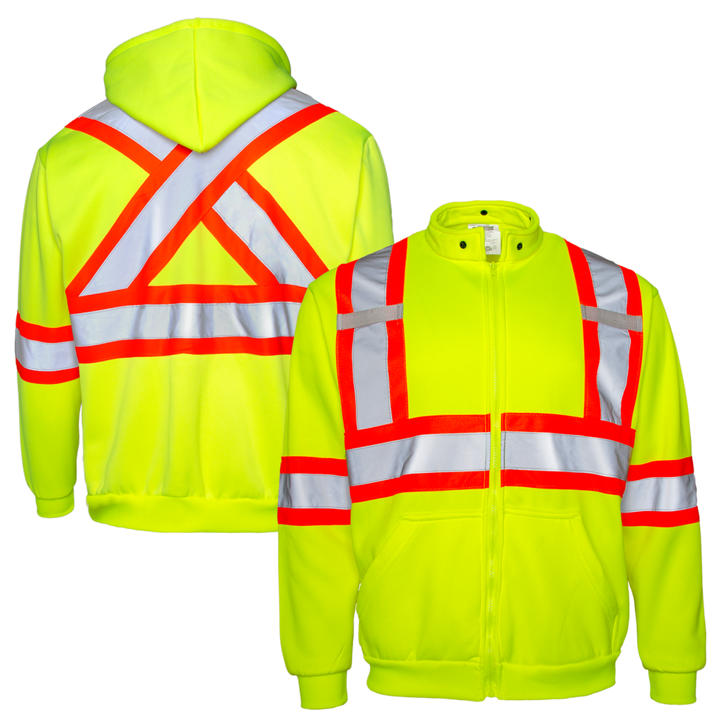 Image shows a front view and a back view of the hi-vis two tone yellow safety hooded sweatshirt with reflective stripes over white background. This sweater has reflective and also orange contrasting stripes.