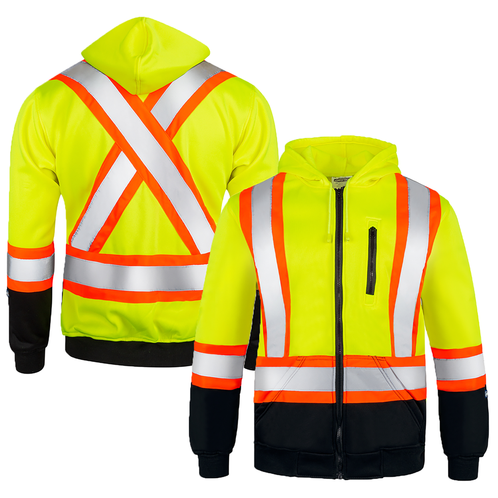 Image shows a front view and a back view of the hi-vis two tone yellow and black safety hooded sweatshirt with reflective stripes over white background. This sweater has reflective and also orange contrasting stripes.