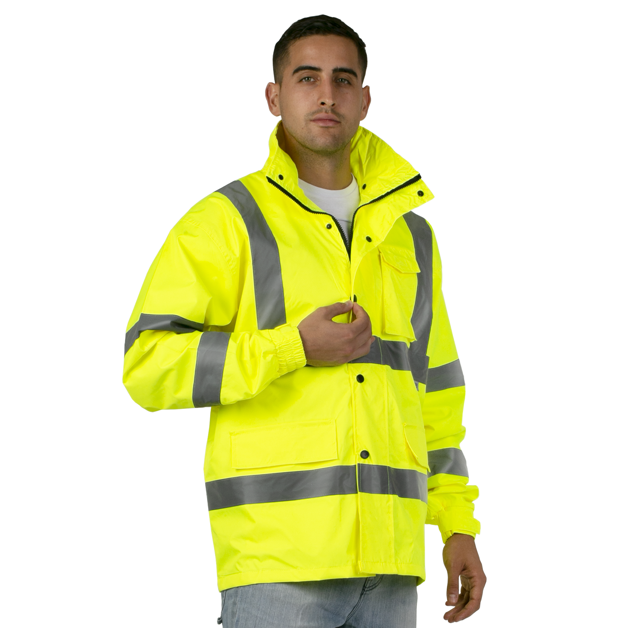 Hi Vis Safety Rain Jacket with Hideaway Hood ANSI Class 3 JORESTECH