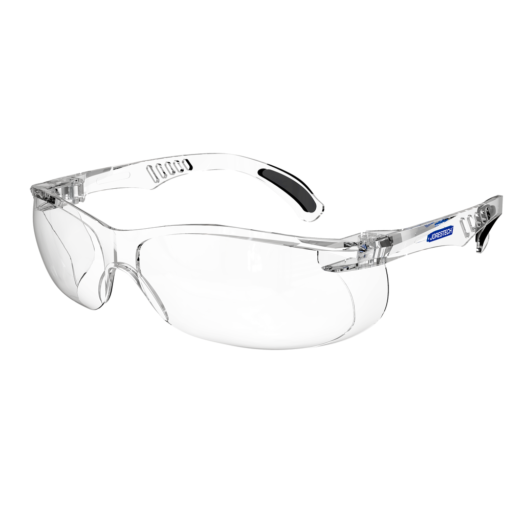 Diagonal view of the clear JORESTECH panoramic safety glass with side shields for high impact protection.  Temples of this ANSI compliant glasses have details in black
