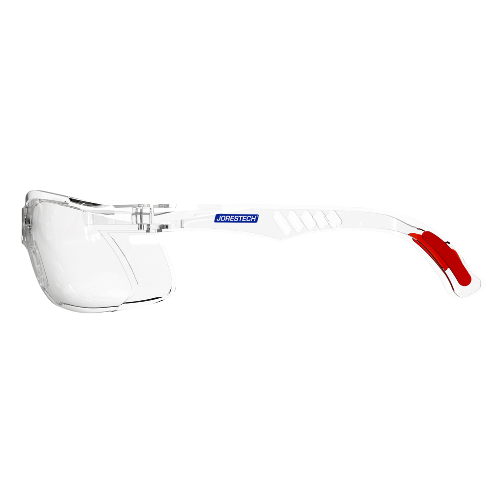 Side view of the clear JORESTECH panoramic safety glass for high impact protection.  Temples of this ANSI compliant glasses have details in red. 