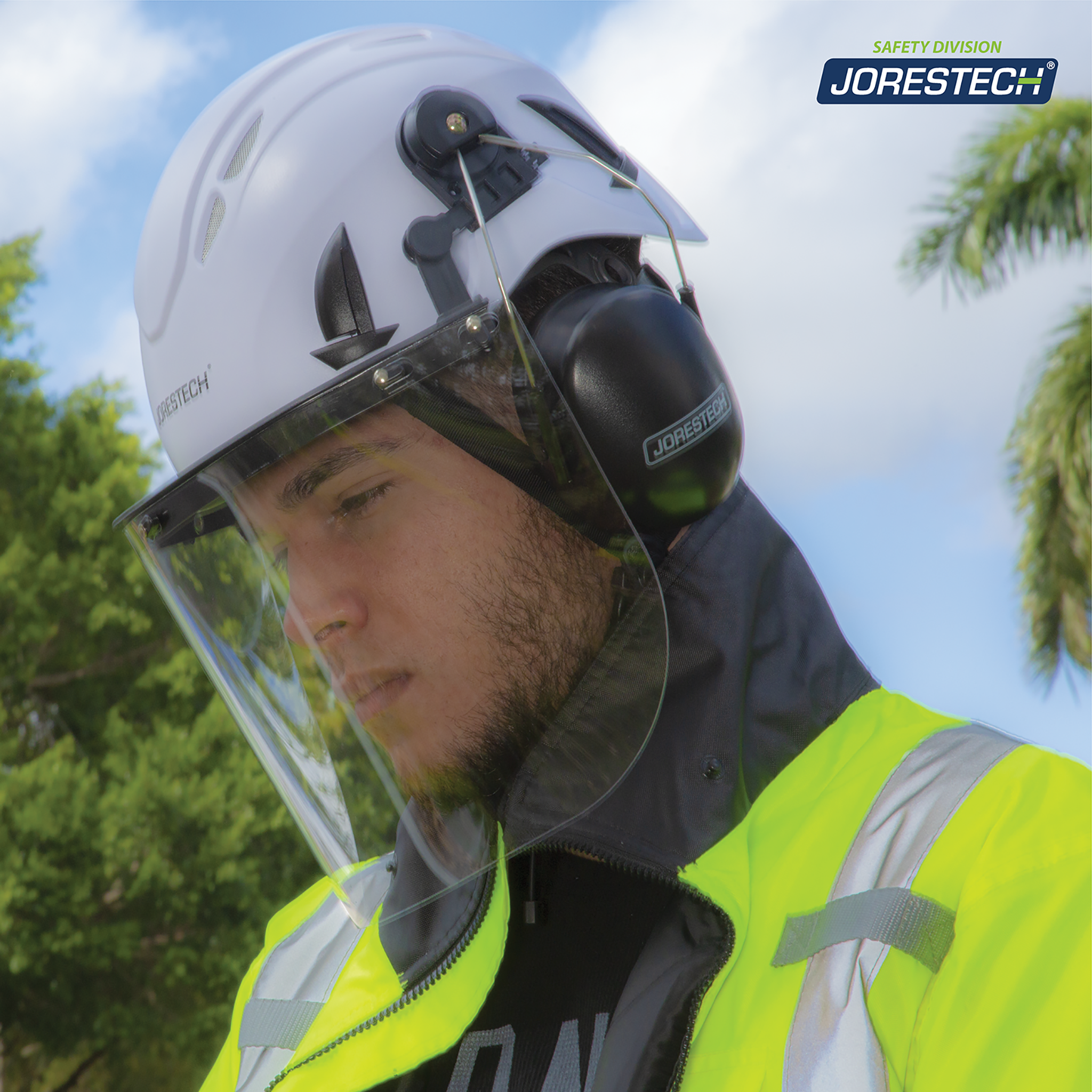 bike helmet with visor and earmuffs Jorestech Ventilated Safety Helmet System with Face Shield and Earmuffs (Lime)
